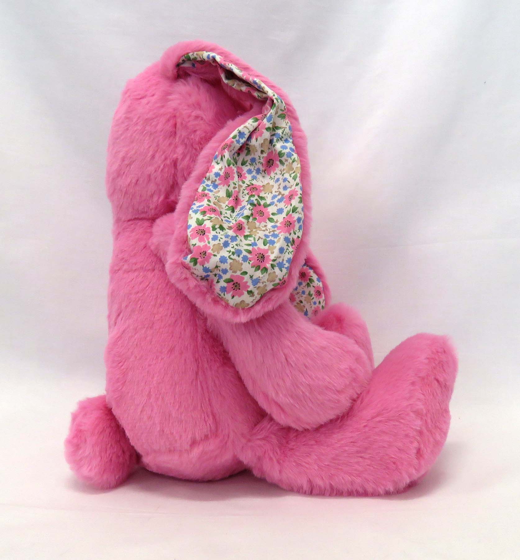 sherbet pink plsuh bunny with floral ears side view