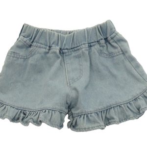 kids on trend blue denim frilled shorts front view