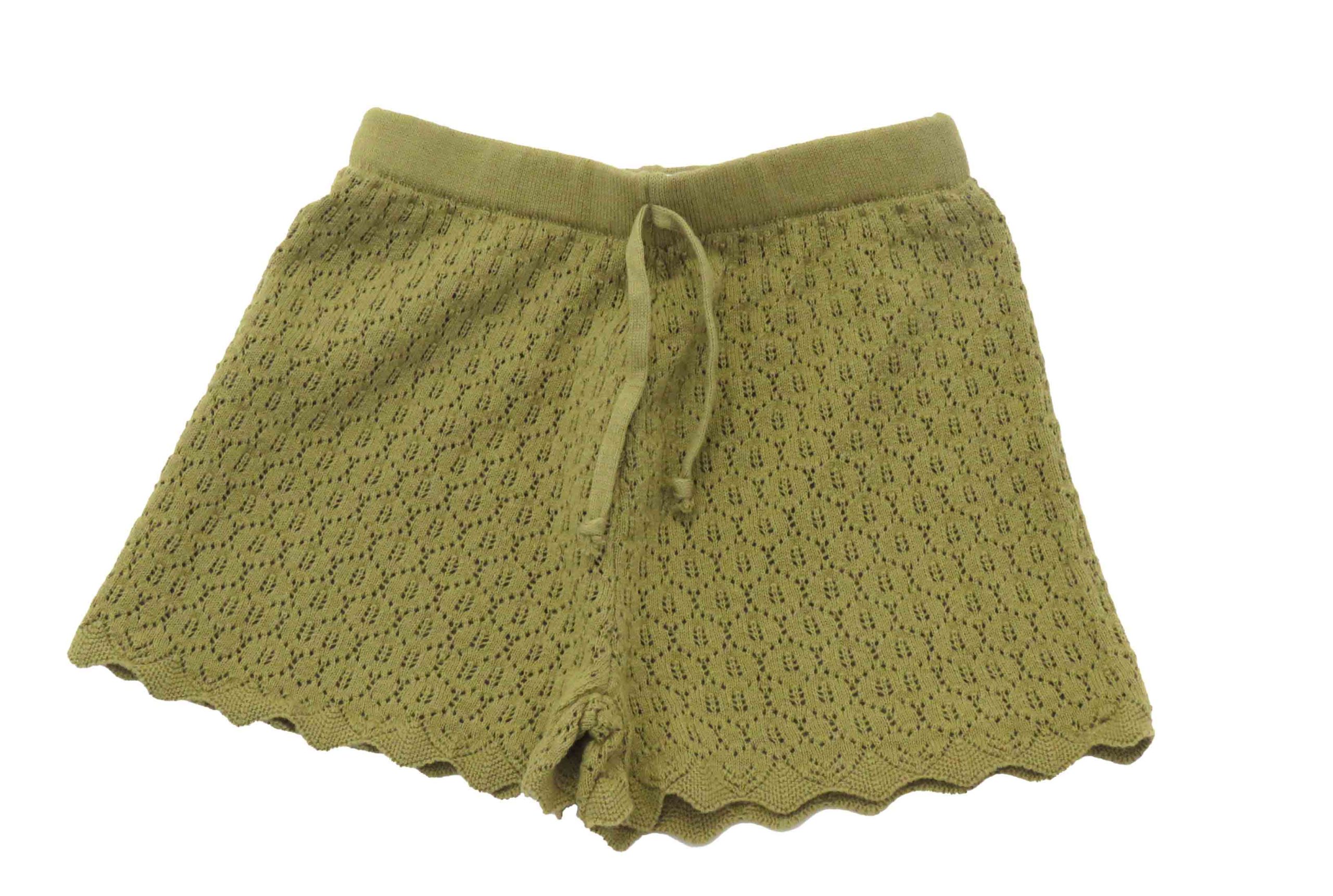 kids on trend olive green coloured crotcheted girls shorts front view