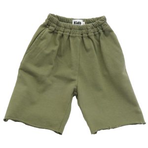 kids on trend long olive green boys shorts with frayed hems front view