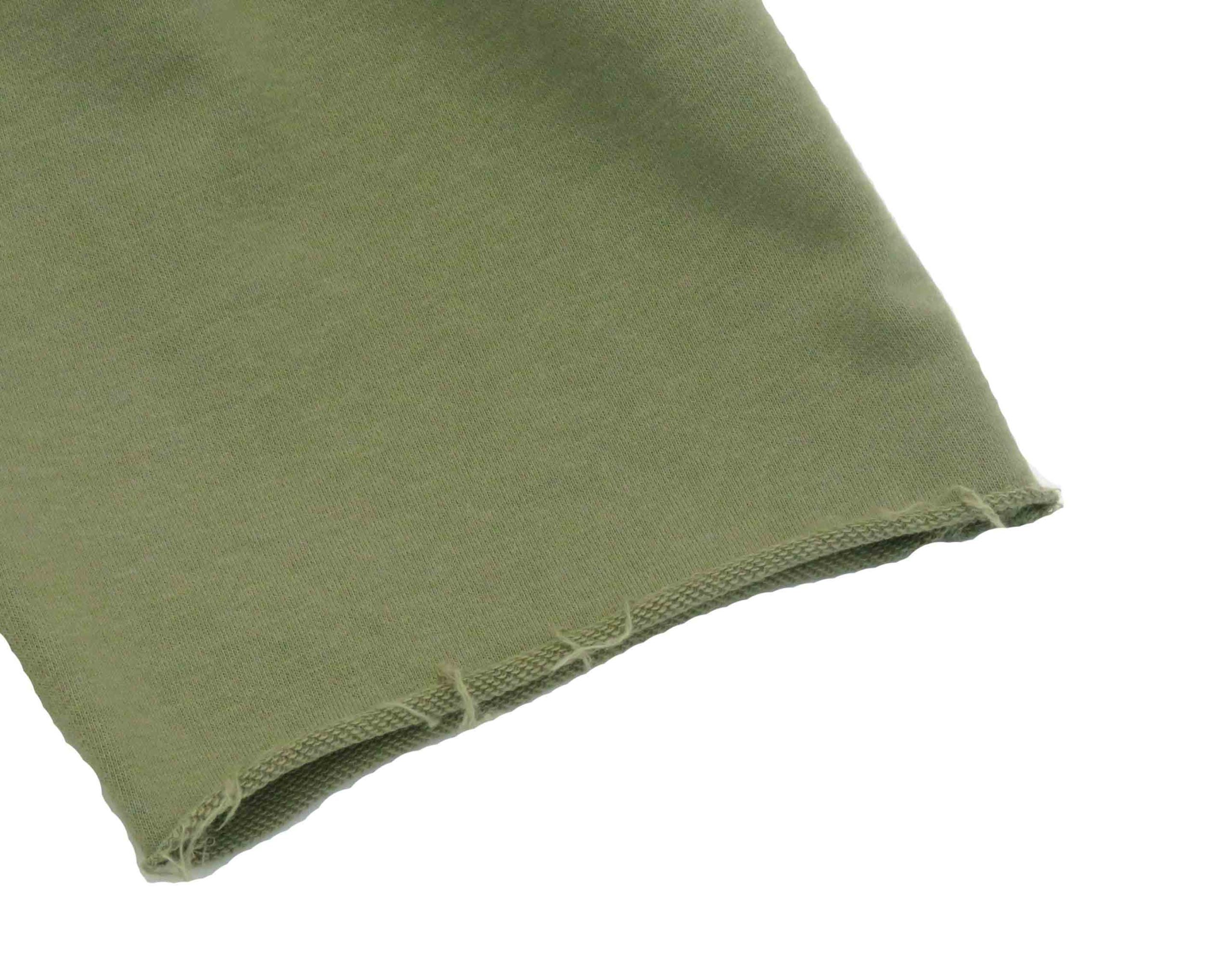 kids on trend long olive green boys shorts with close up of frayed hem