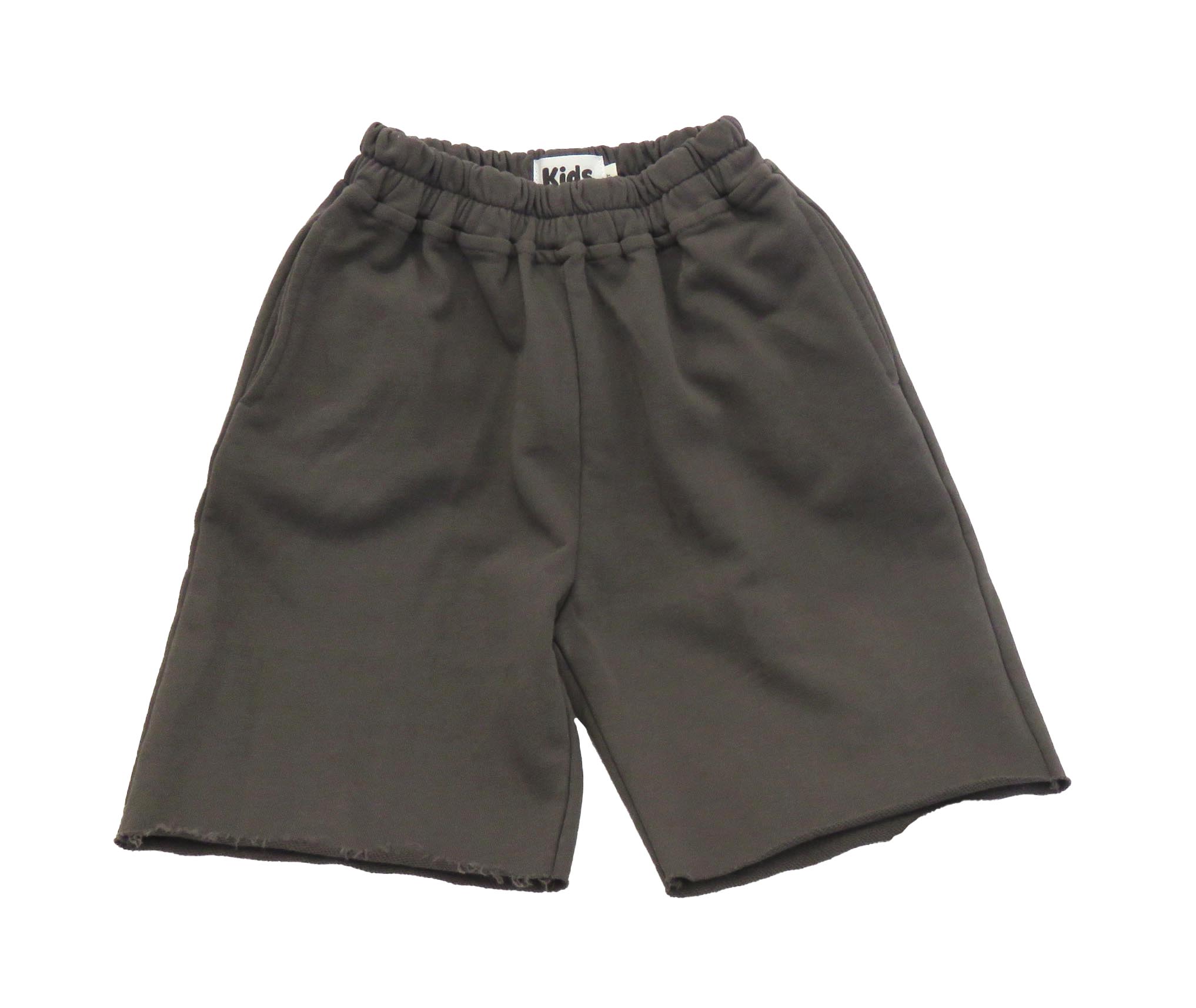 kids on trend long olive green boys shorts with frayed hems front view