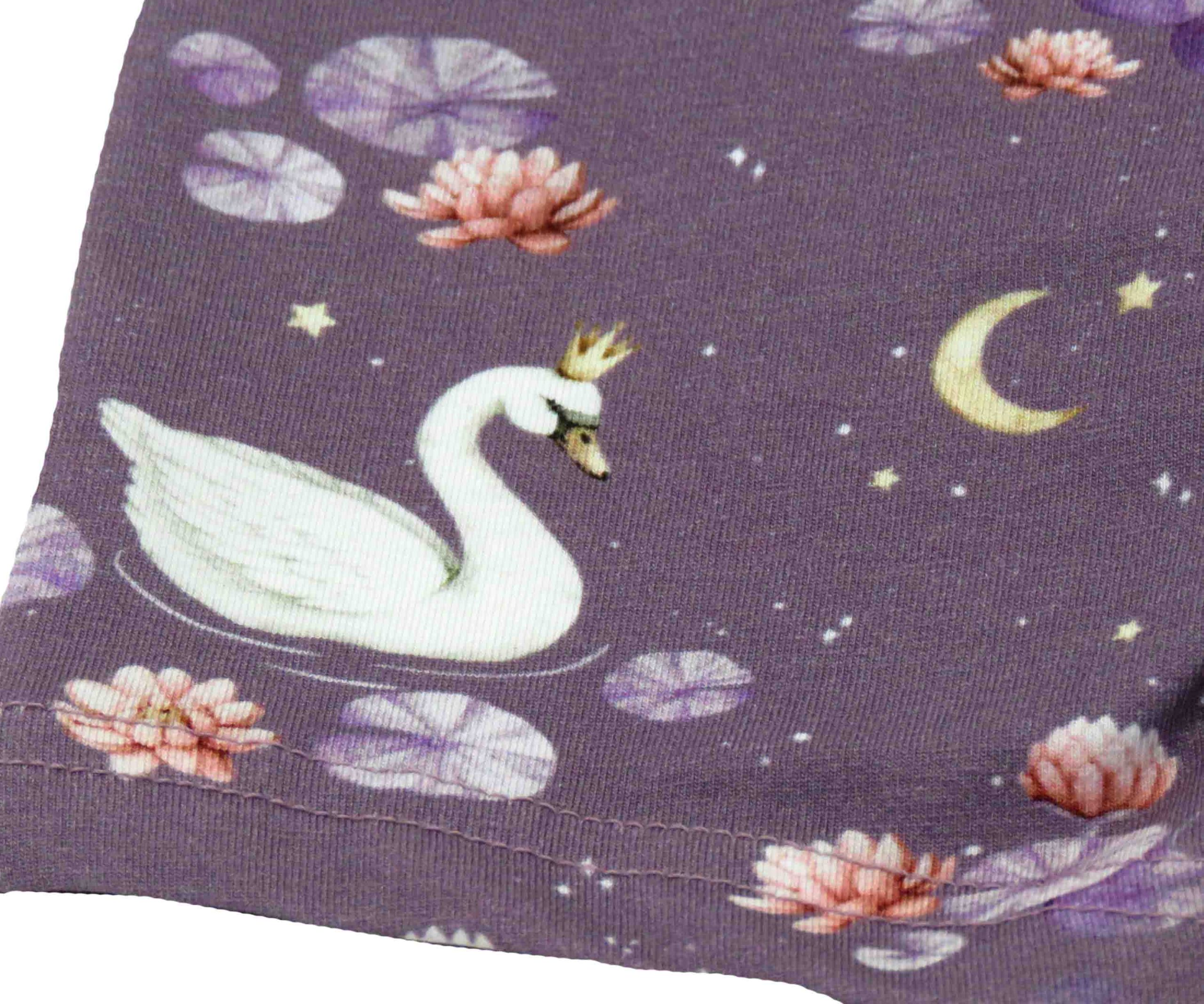 Snuggle Hunny midnight swan shorts for toddlers - detail of swans and stars