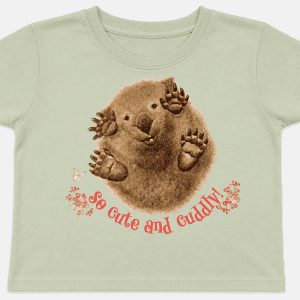 Tasmanaian so cute and cuddly wombat tshirt with pink text - sarah prince design