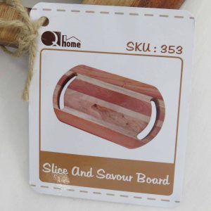 label for platter board text reads slice and savour board and model number