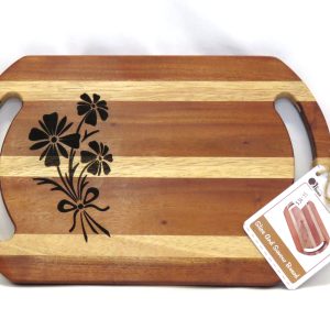 laser printed flowers on a platter board made of strips of light and dark acacia wood