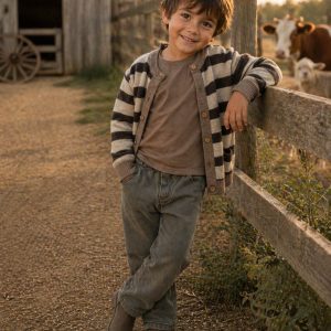boy wearing a kids on trend striped brown cardigan leaning against a fence