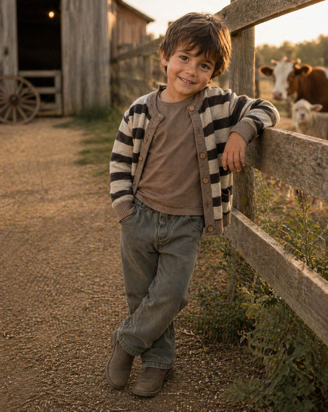 boy wearing a kids on trend striped brown cardigan leaning against a fence