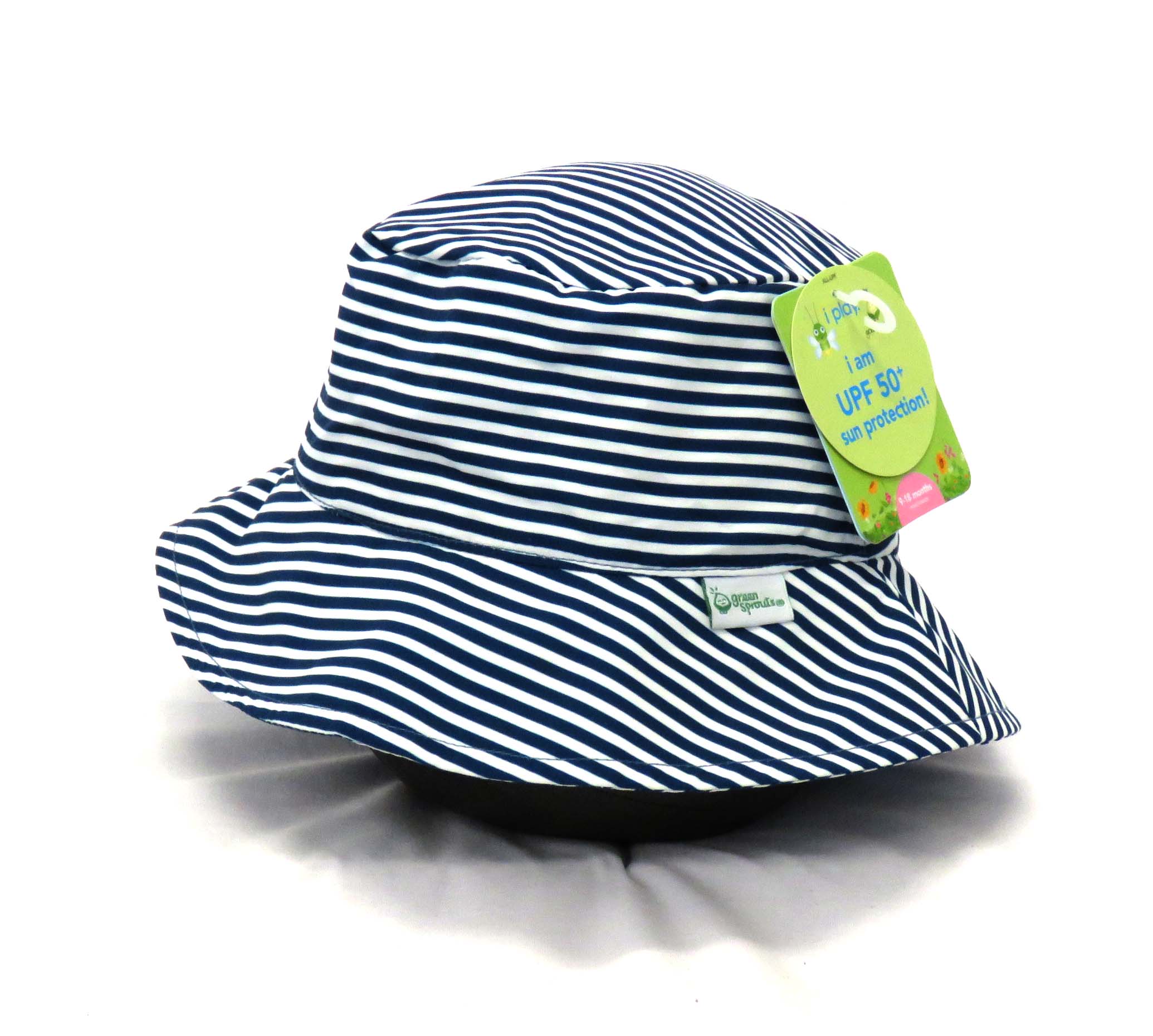 blue and white striped sunhat for babies side view