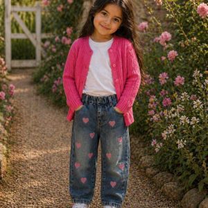 a young girl wearing kids on trend love heart jeans and a kids on trend sherbet pink cardigan