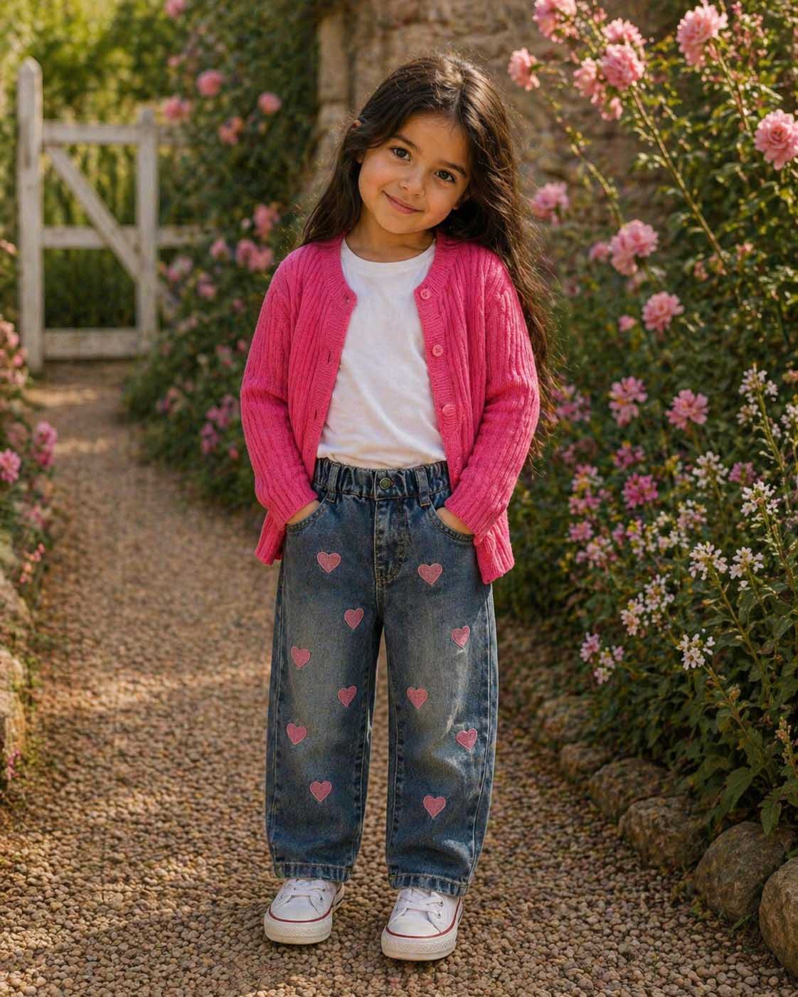 a young girl wearing kids on trend love heart jeans and a kids on trend sherbet pink cardigan