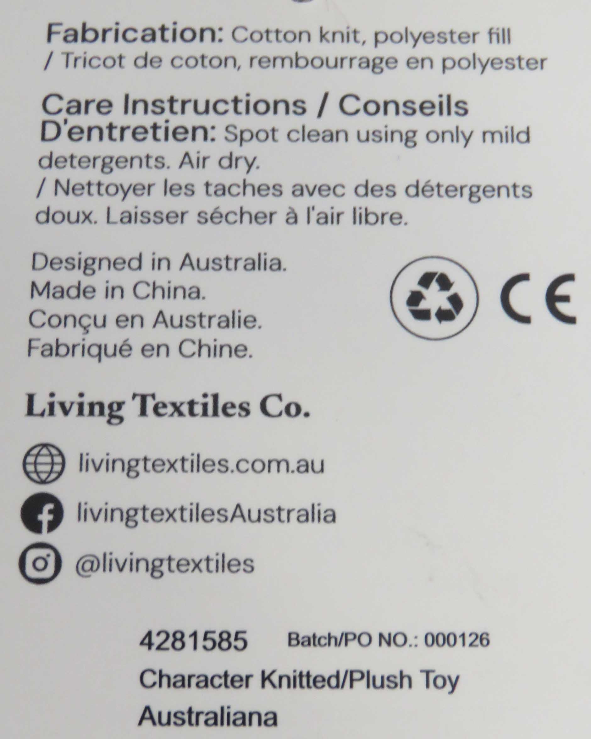 knitted toy - back of label