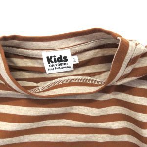 kids on trend long sleeved tshirt with coffee and tan coloured stripes - close up of label and collar