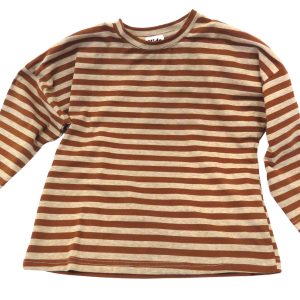 kids on trend long sleeved tshirt with coffee and tab coloured stripes - front view