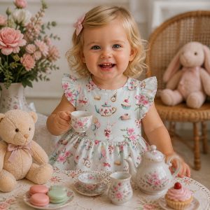 a toddler having a tea party wearing a snuggle hunny white rabbit dress