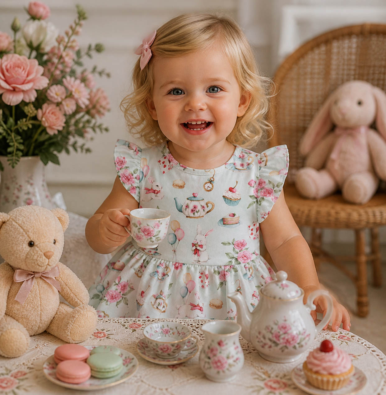 a toddler having a tea party wearing a snuggle hunny white rabbit dress