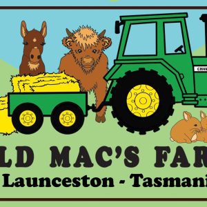 Old Macs farm shop bumper sticker - with cartoon style Mac's tractor and animals