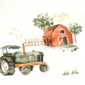 detail of snuggle hunny tshirt showing a tractor and a barn