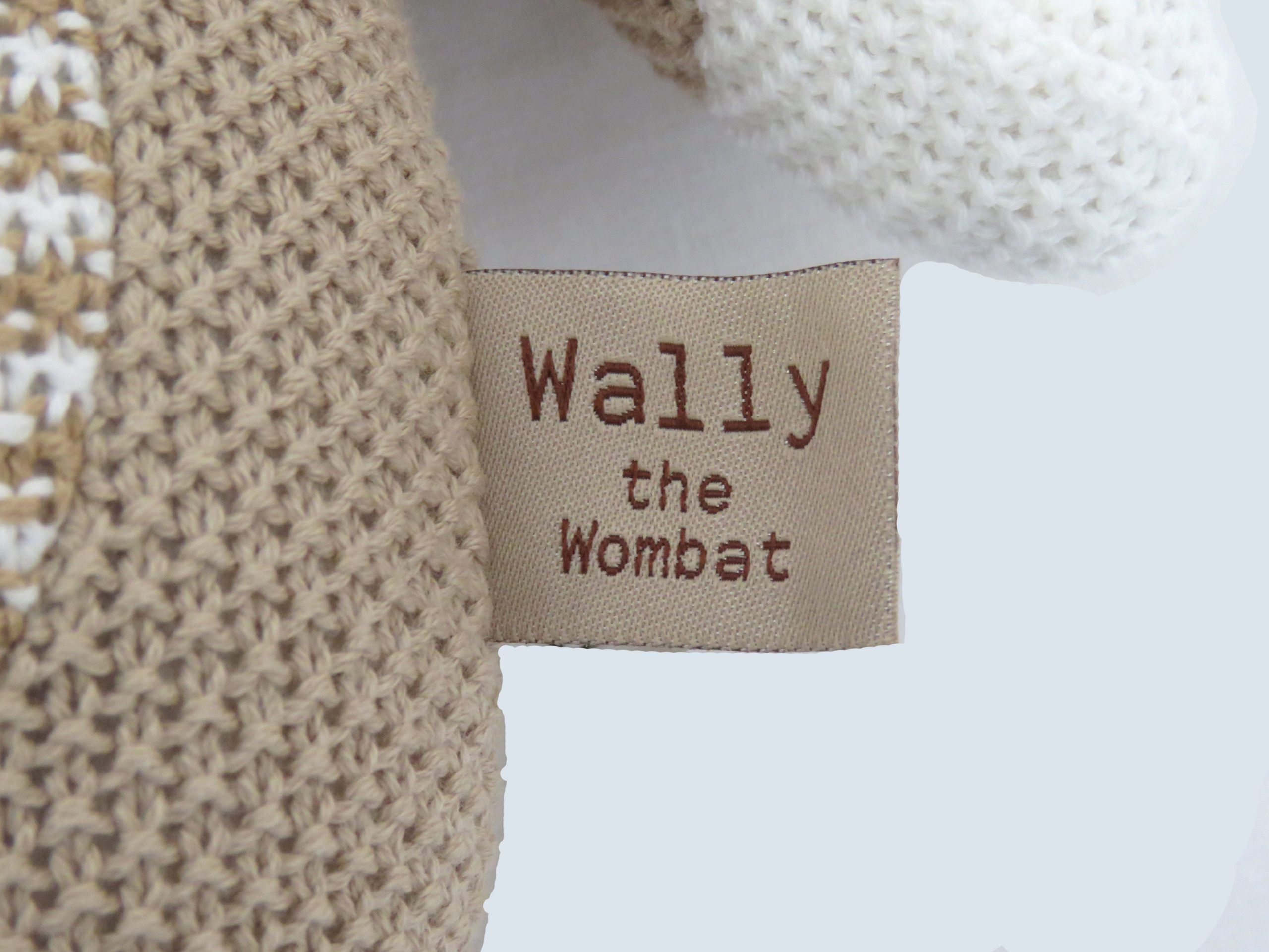 knitted toy wally the wombat - name tag