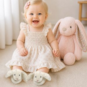 baby wearing white bunny booties