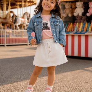 girl at the fair ground wearing a kids on trend white skirt and denim jacket