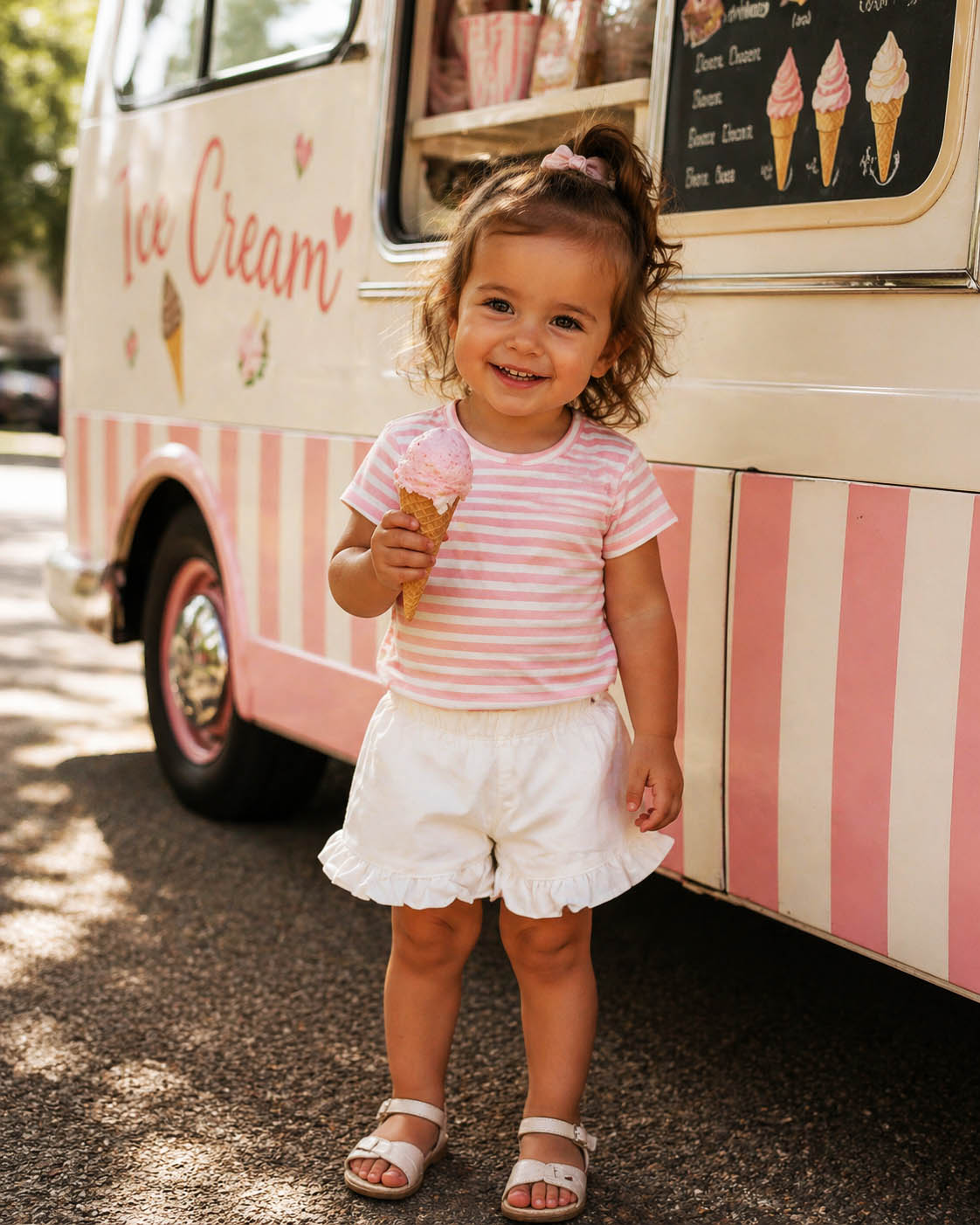 toddler wearing kids on trend white frilly shorts and a pink striped tshirt beside an ice cream van