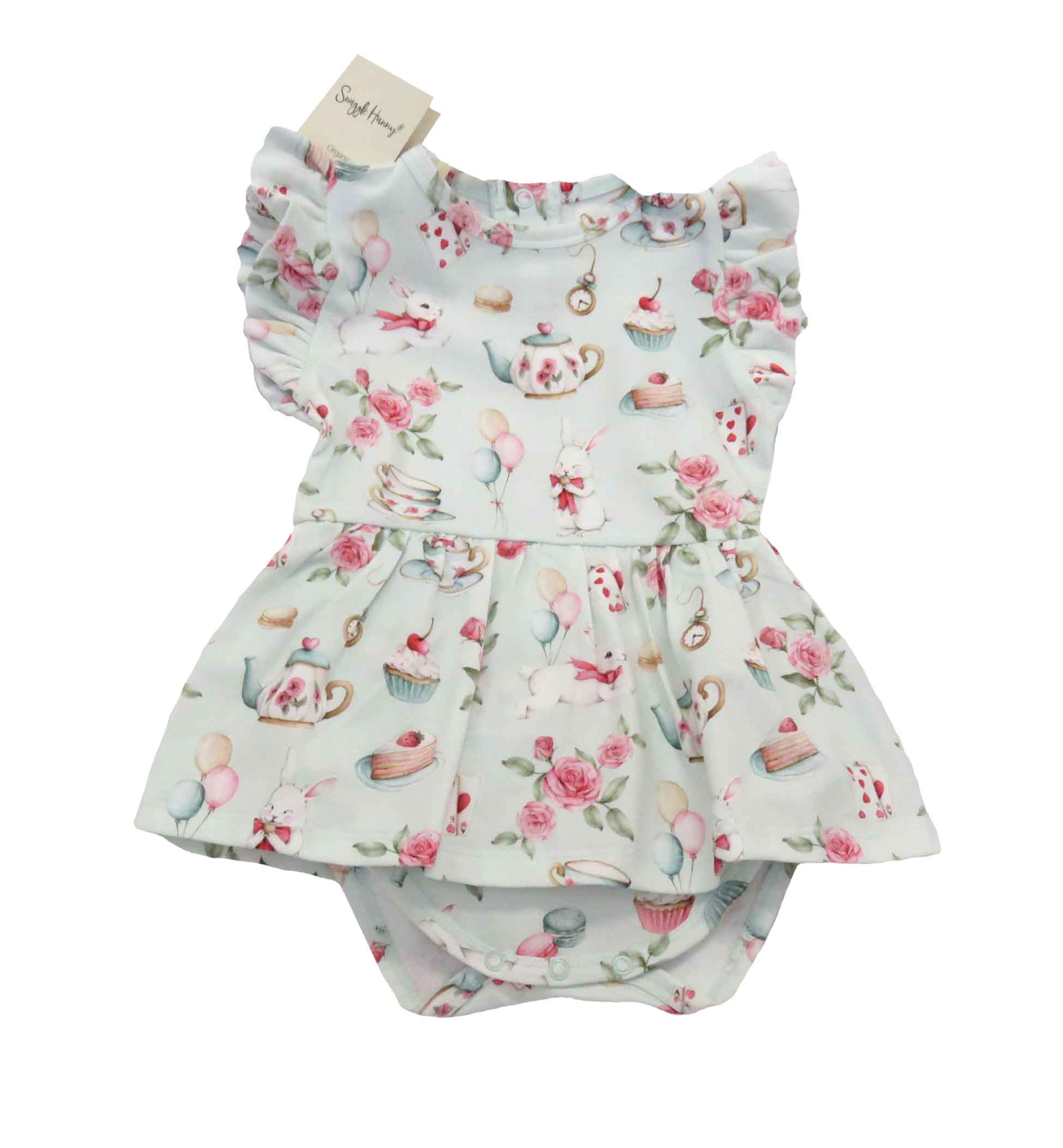 Snuggle Hunny pale green dress for toddlers - white rabbit design - front view