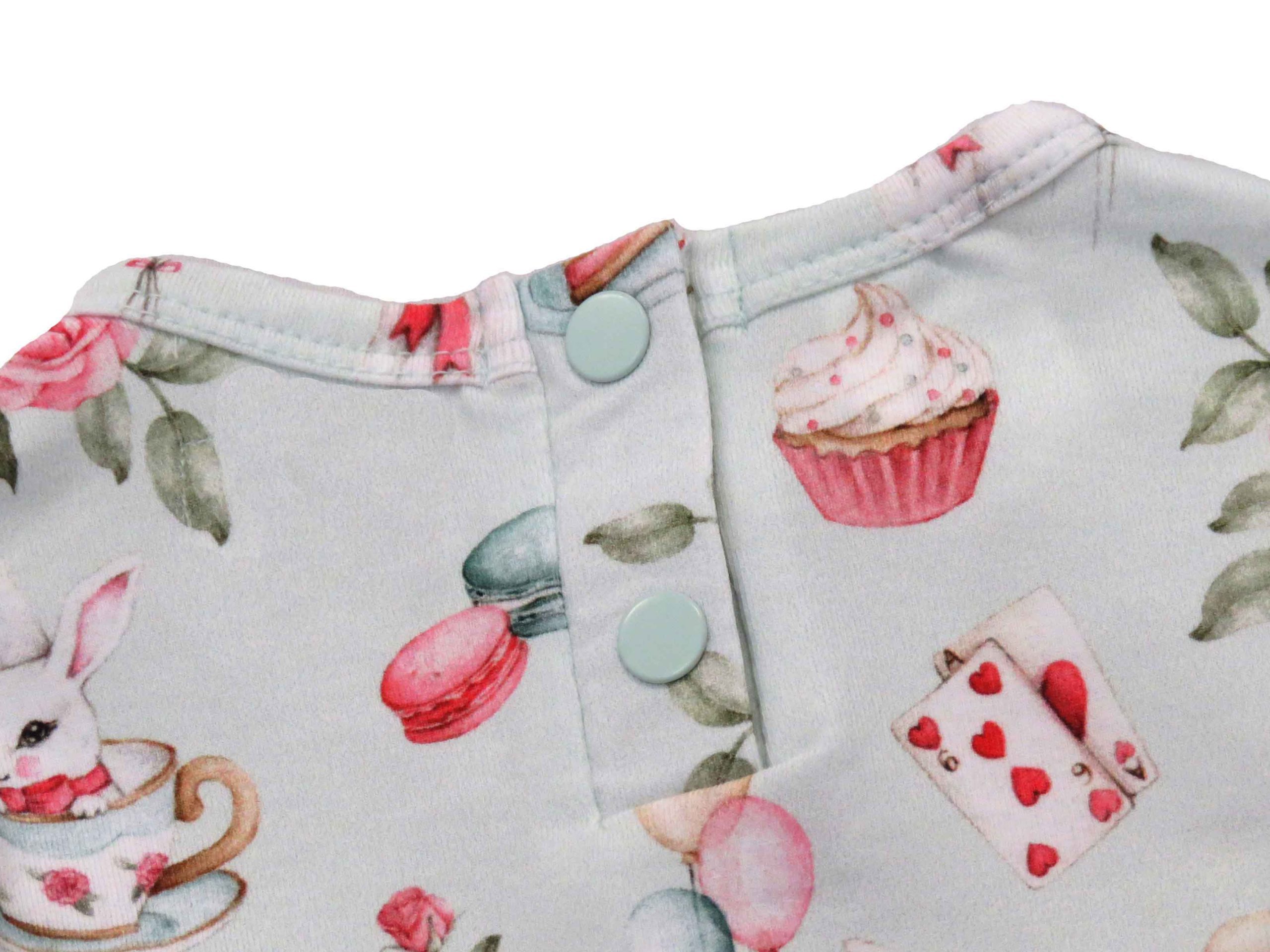 Snuggle Hunny pale green dress for toddlers - white rabbit design - close up of buttoned back