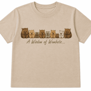 A wisdom of wombats tshirt front view - sarah prince design