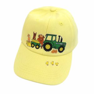 yellow coloured cap with an old macs tractor print on it - sarah prince design